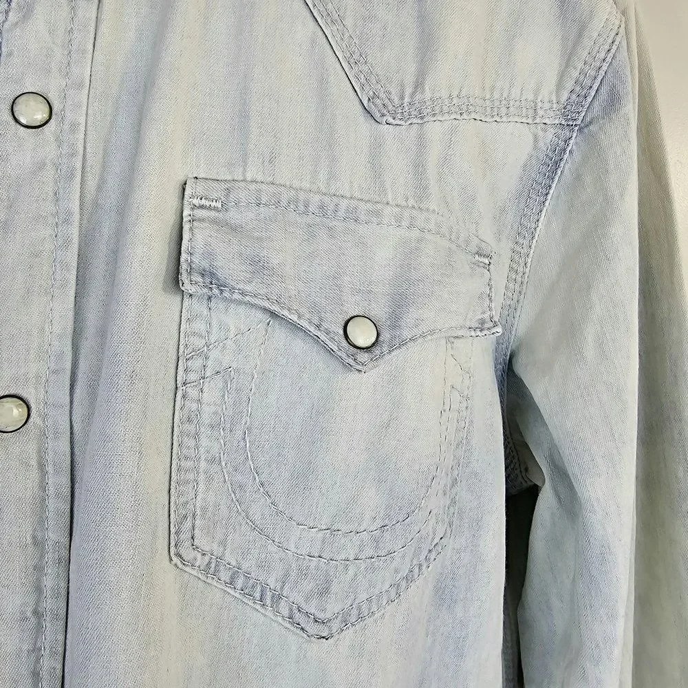 True Religion Denim Pearl Snap Shirt Western Cotton Light Wash Size 2XL/TG